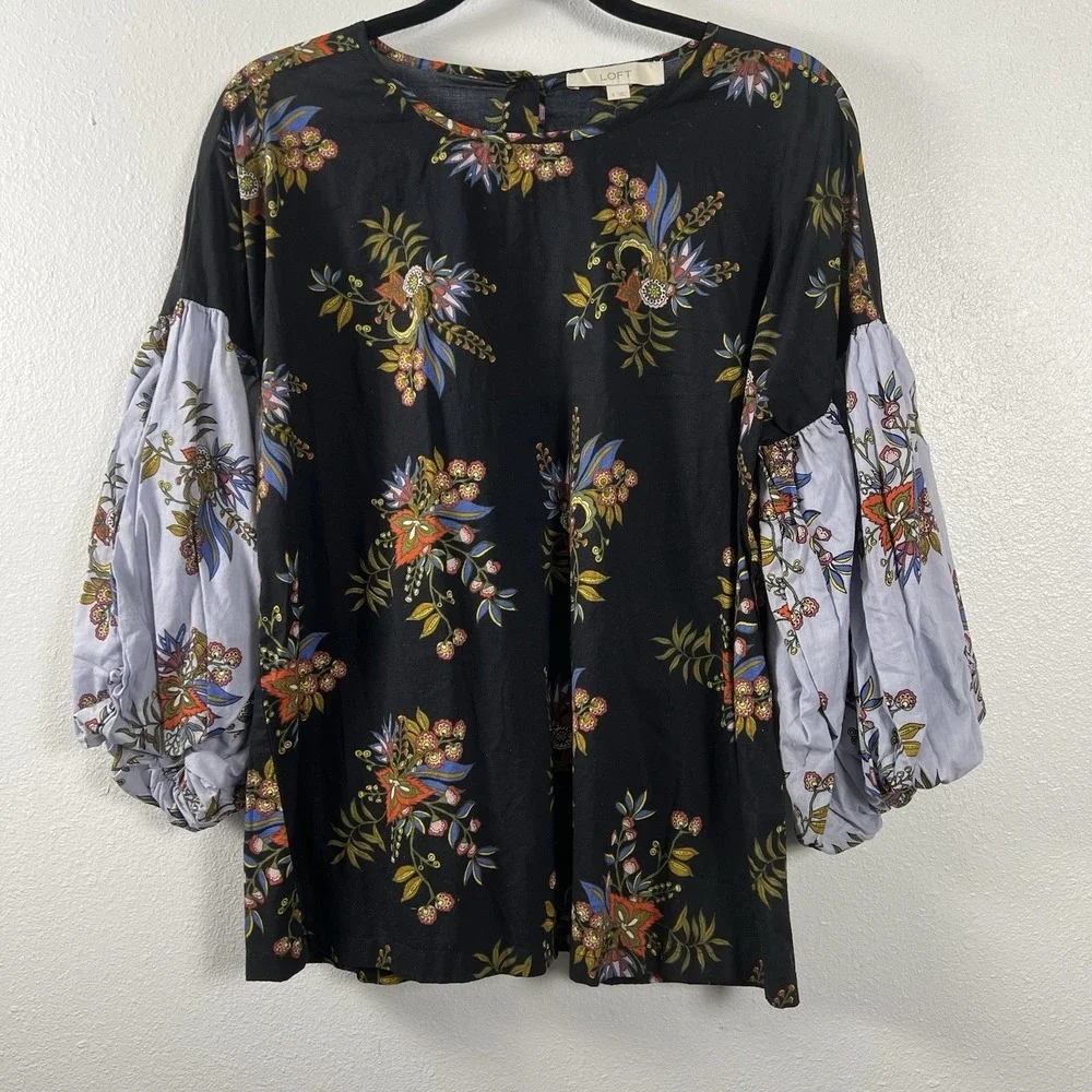 LOFT Womens Black‎ Floral Cotton Puff Sleeve Button Back Blouse Top Small